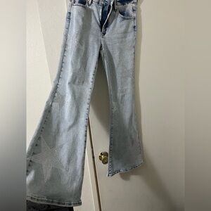 Saige Light Tummy Control Light Blue Flare Jeans
with Rhinestone Stars